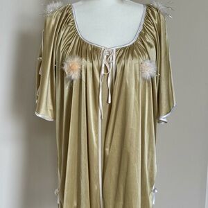NWT Vintage Memories Gold Satin 3-Piece Lingerie Set | Glam Pom Poms | Size L/XL
